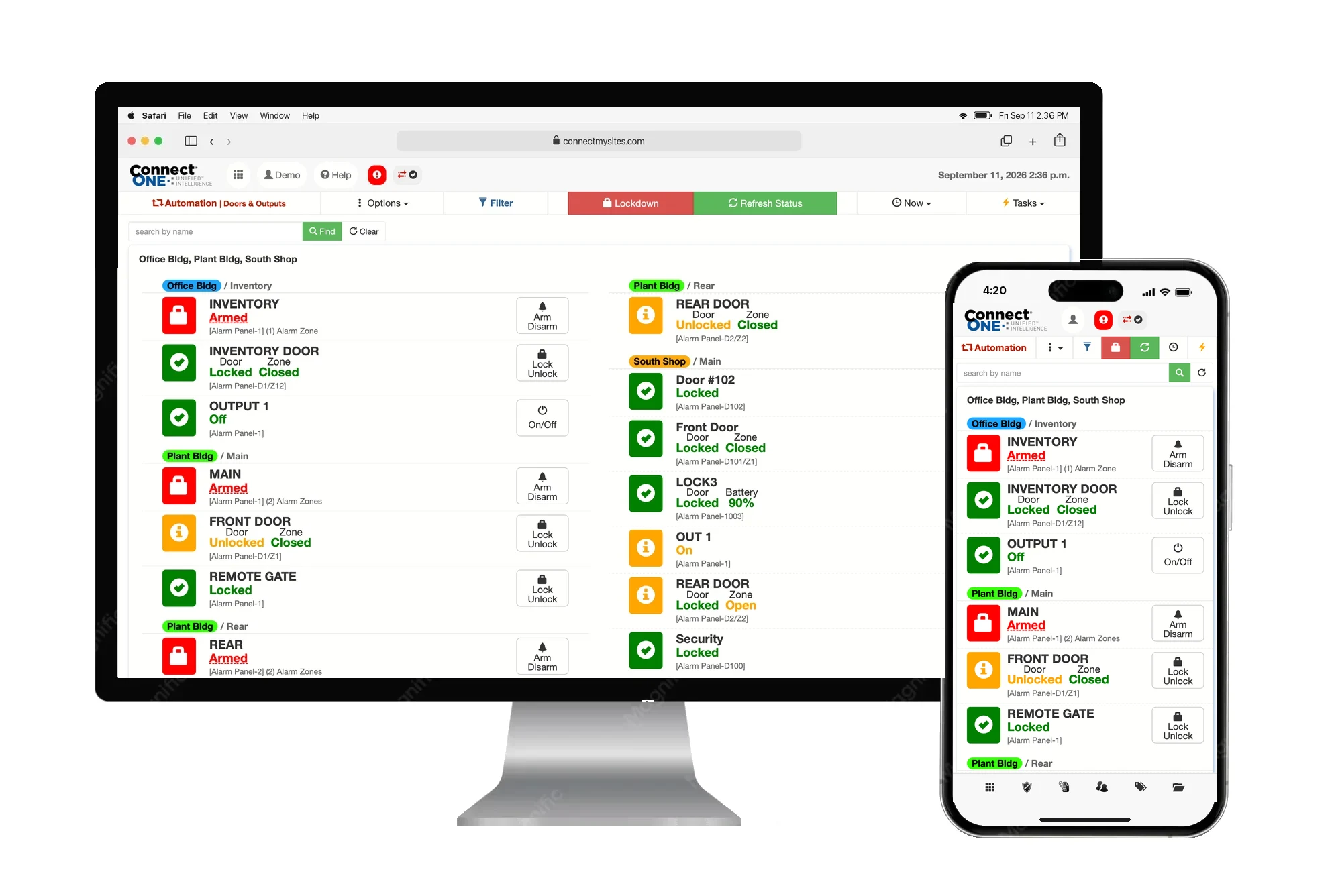 Doors and outputs in Connect ONE on a desktop browser and the mobile app: lock and unlock, arm and disarm, and output control across sites
