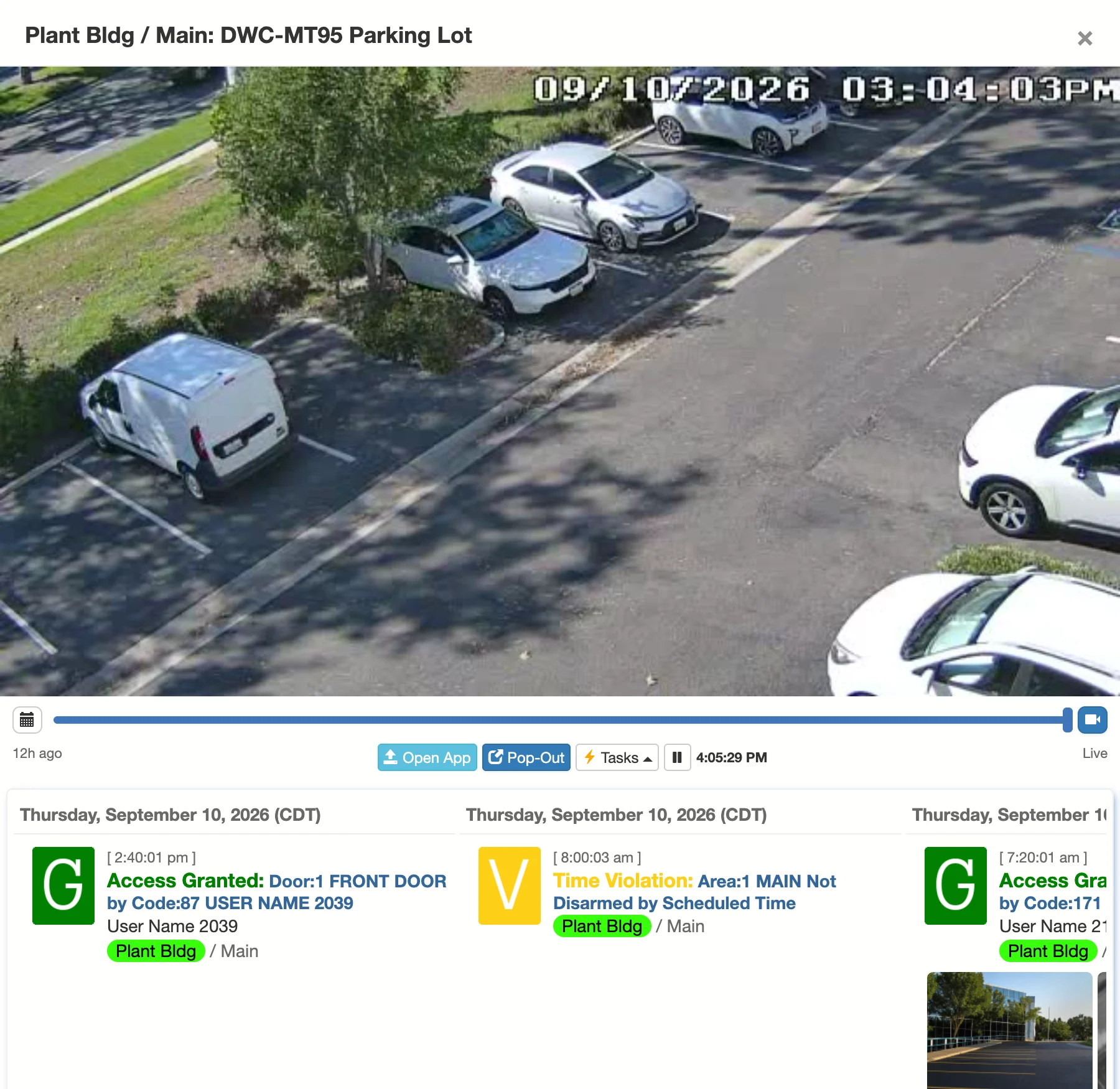 A camera open in Connect ONE showing the live view, the playback timeline from 12 hours ago to live, and the event activity linked to the camera