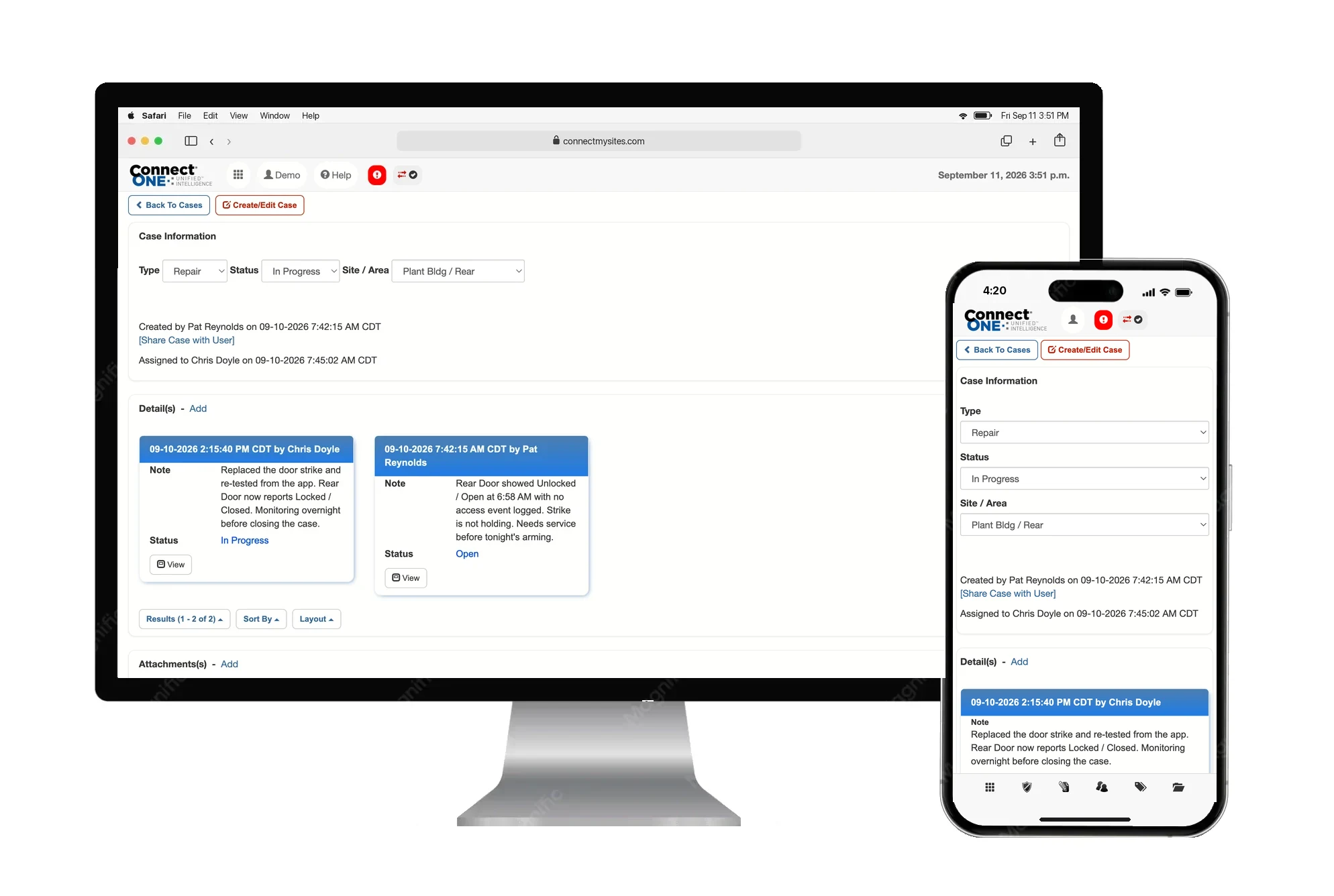 A repair case open in Connect ONE on a desktop browser and the mobile app: type, status and site, who created and was assigned the case, and the technician's notes as the repair progressed