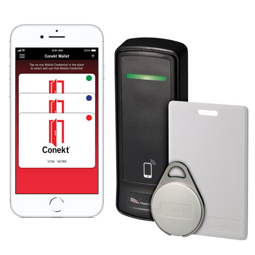 Farpointe Conekt mobile credential at a reader, managed in Connect ONE