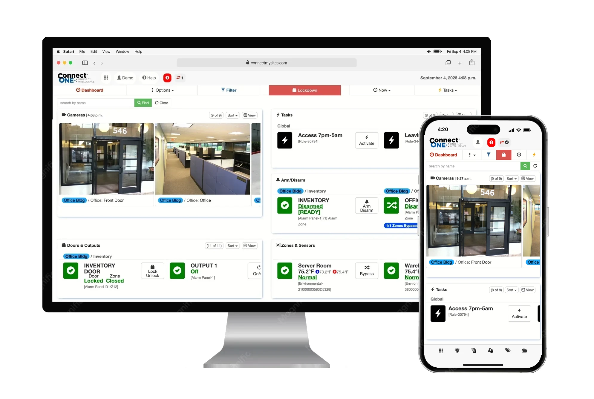 The Connect ONE dashboard on a desktop browser with the mobile app in front — cameras, tasks, arm/disarm, doors and sensors at a glance