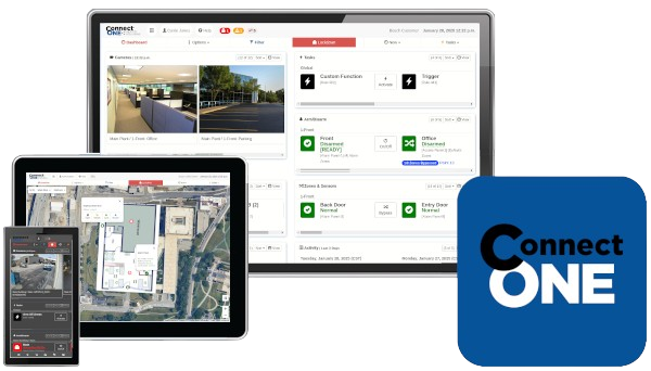 Connect ONE dashboard managing security, access, video, and environmental systems