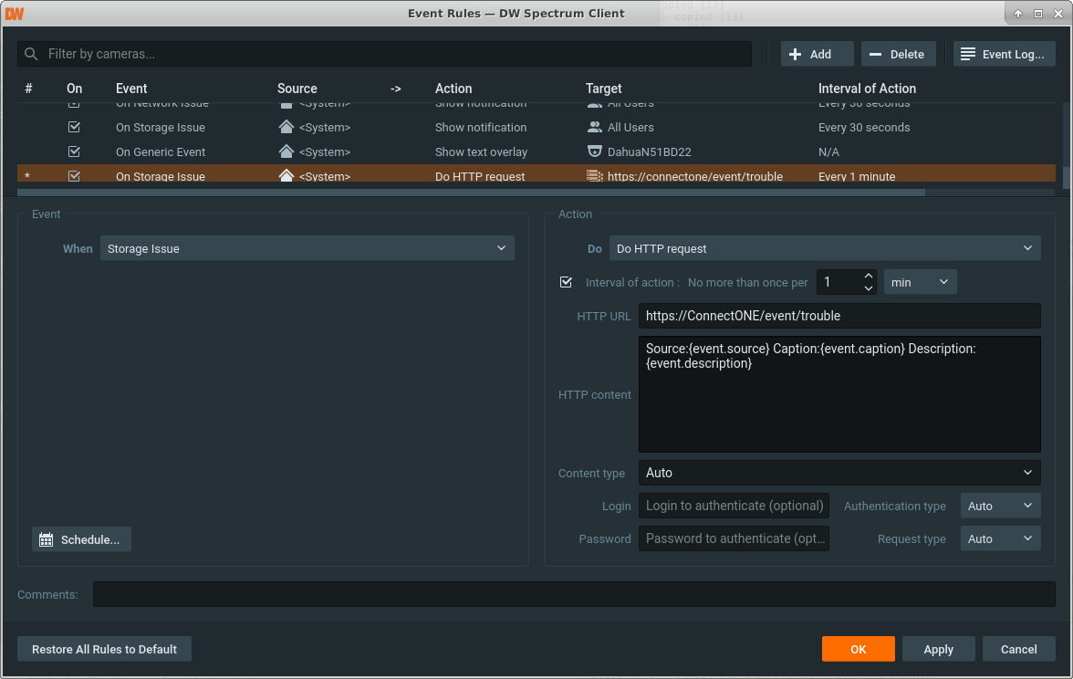 Setting up an NVR health event rule in Connect ONE