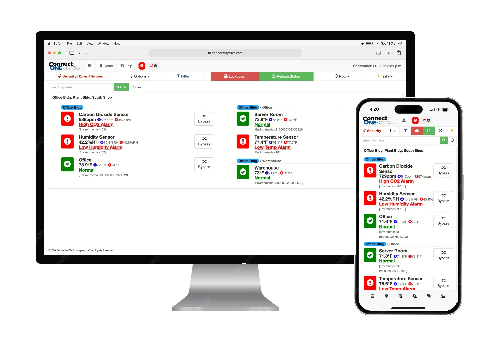 Environmental zones in Connect ONE on a desktop browser and the mobile app: CO2, humidity and temperature sensors with live readings, thresholds and alarm status
